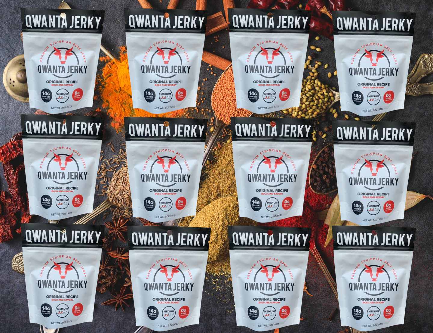 A 12 pack our delicious and savory QWANTA JERKY.